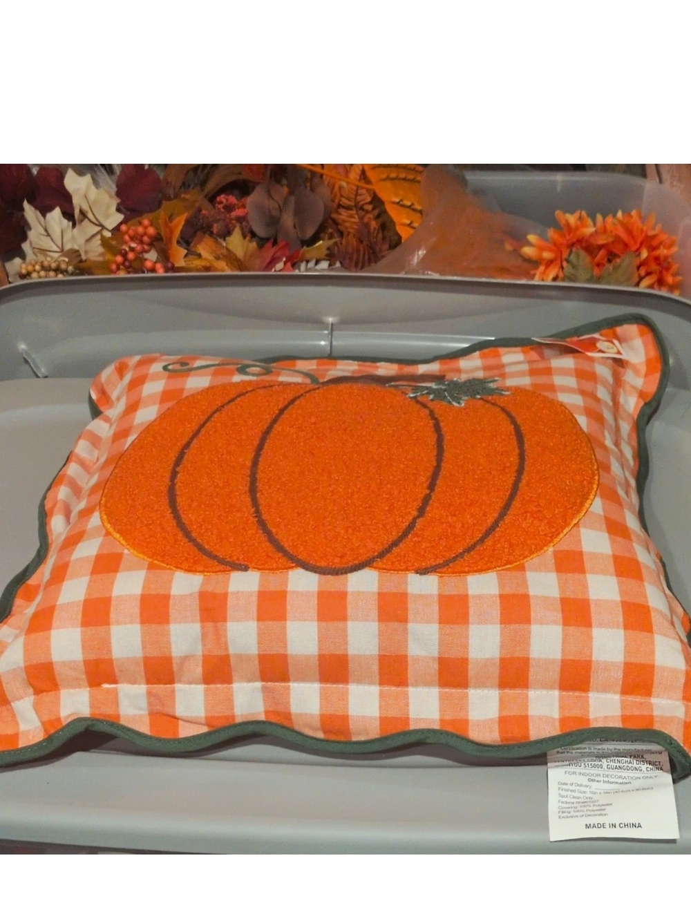 Fall Orange Check Pumpkin Accent Pillow